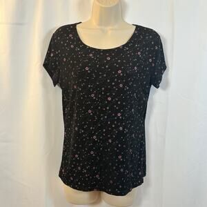 Dressbarn Womens Floral Print Slinky Black Short Sleeve Stretch Top Size S Y2K